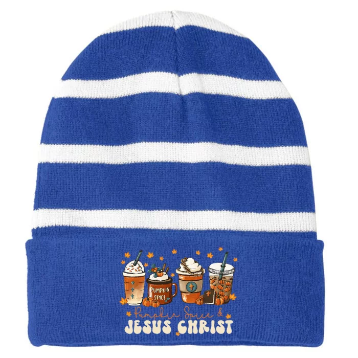 Coffee Latte Pumpkin Spice Jesus Christ Thanksgiving Fall Striped Beanie with Solid Band