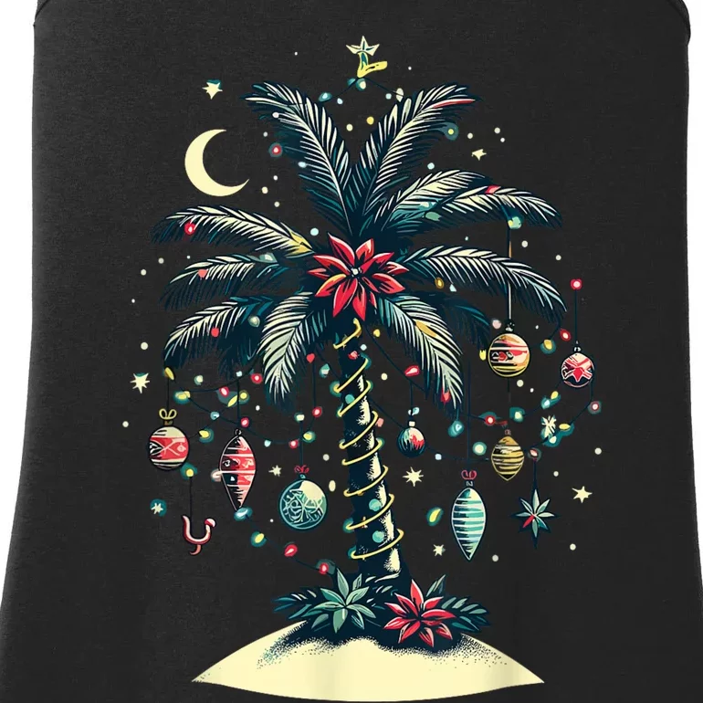 Christmas Lights Palm Tree Beach Funny Tropical Xmas Ladies Essential Tank