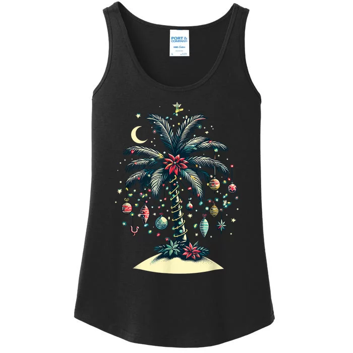 Christmas Lights Palm Tree Beach Funny Tropical Xmas Ladies Essential Tank