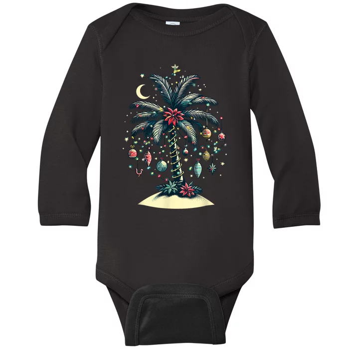 Christmas Lights Palm Tree Beach Funny Tropical Xmas Baby Long Sleeve Bodysuit