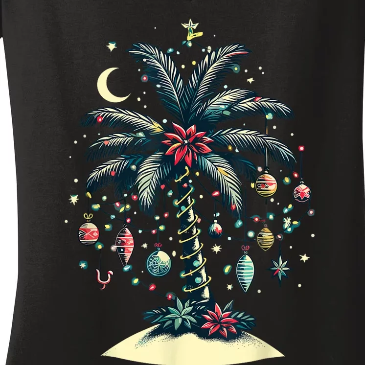 Christmas Lights Palm Tree Beach Funny Tropical Xmas Women's V-Neck T-Shirt