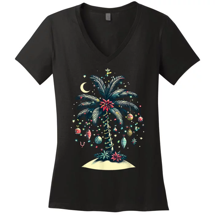 Christmas Lights Palm Tree Beach Funny Tropical Xmas Women's V-Neck T-Shirt