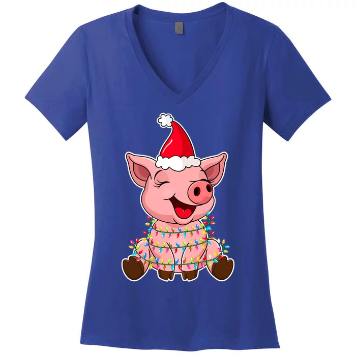 Christmas Lights Pig Wearing Xmas Hat Funny Pig Lover Gift Women's V-Neck T-Shirt