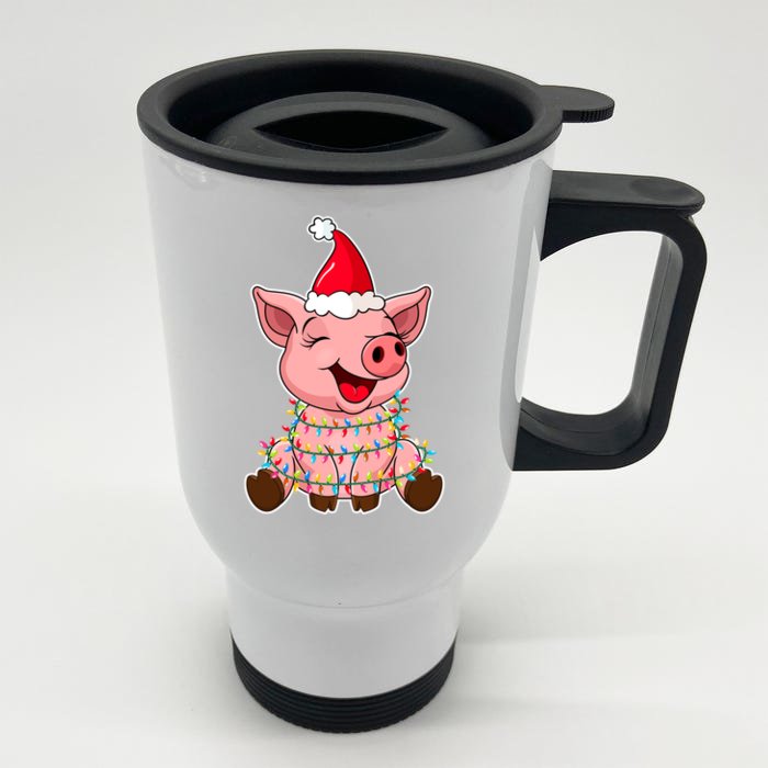 Christmas Lights Pig Wearing Xmas Hat Funny Pig Lover Gift Front & Back Stainless Steel Travel Mug