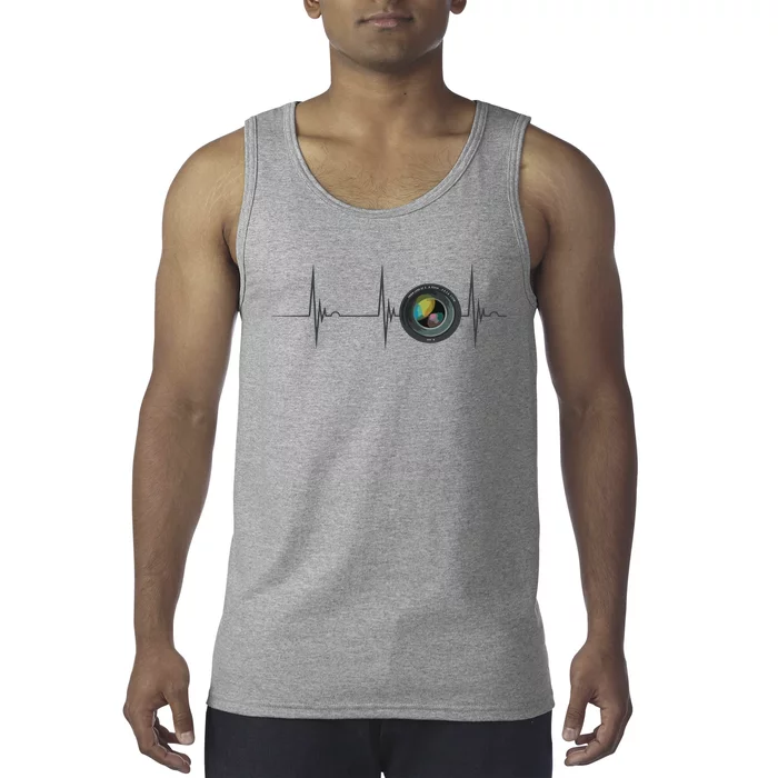 Camera Lens Photography Photographer Heartbeat EKG Pulse Tank Top