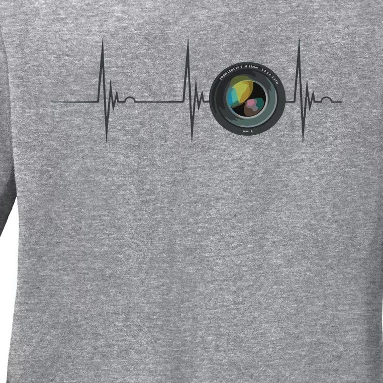 Camera Lens Photography Photographer Heartbeat EKG Pulse Ladies Long Sleeve Shirt