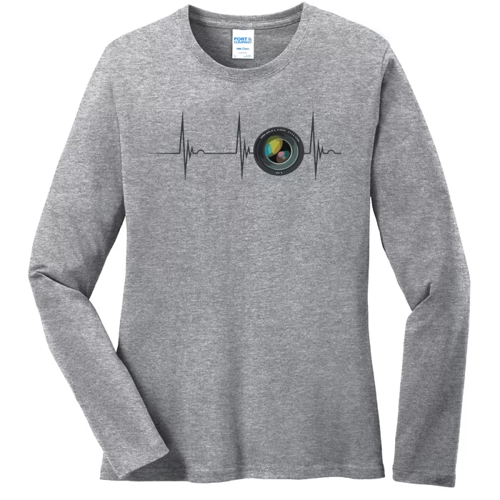 Camera Lens Photography Photographer Heartbeat EKG Pulse Ladies Long Sleeve Shirt