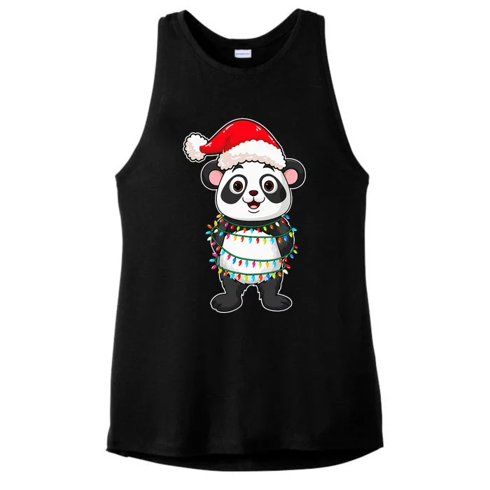 Christmas Lights Panda Wearing Xmas Hat Cute Panda Lover Ladies Tri-Blend Wicking Tank