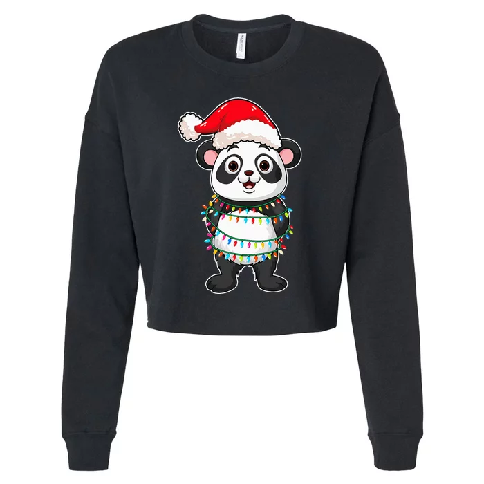 Christmas Lights Panda Wearing Xmas Hat Cute Panda Lover Cropped Pullover Crew