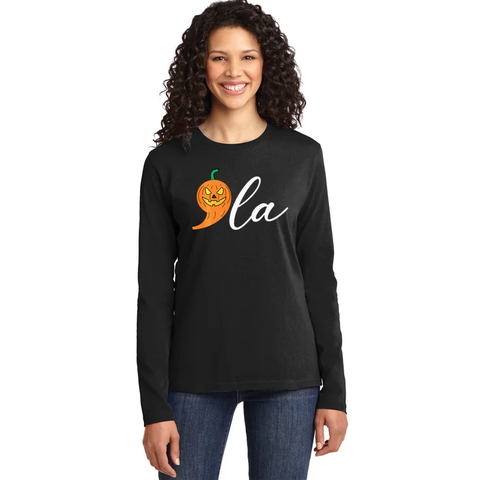 Comma +  La Pumpkin Kamala Harris Costume Halloween 2024 Ladies Long Sleeve Shirt