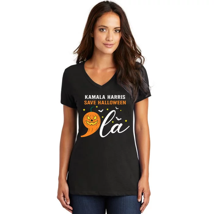 Comma +  La Pumpkin Kamala Harris Save Halloween 2024 Women's V-Neck T-Shirt