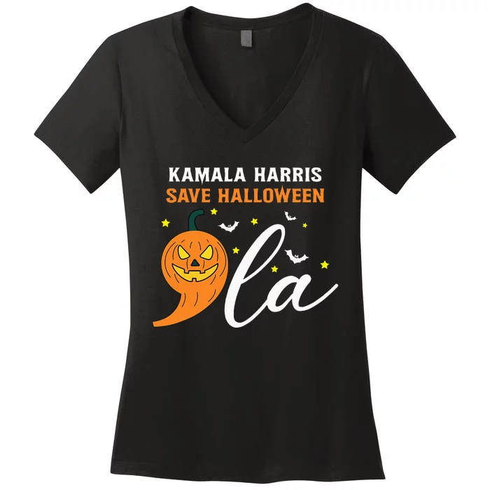 Comma +  La Pumpkin Kamala Harris Save Halloween 2024 Women's V-Neck T-Shirt