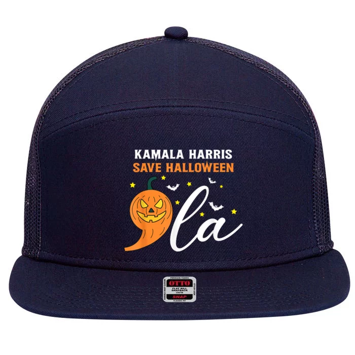 Comma La Pumpkin Kamala Harris Save Halloween 2024 7 Panel Mesh Trucker Snapback Hat