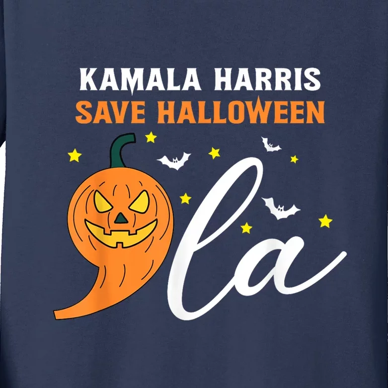 Comma La Pumpkin Kamala Harris Save Halloween 2024 Kids Long Sleeve Shirt