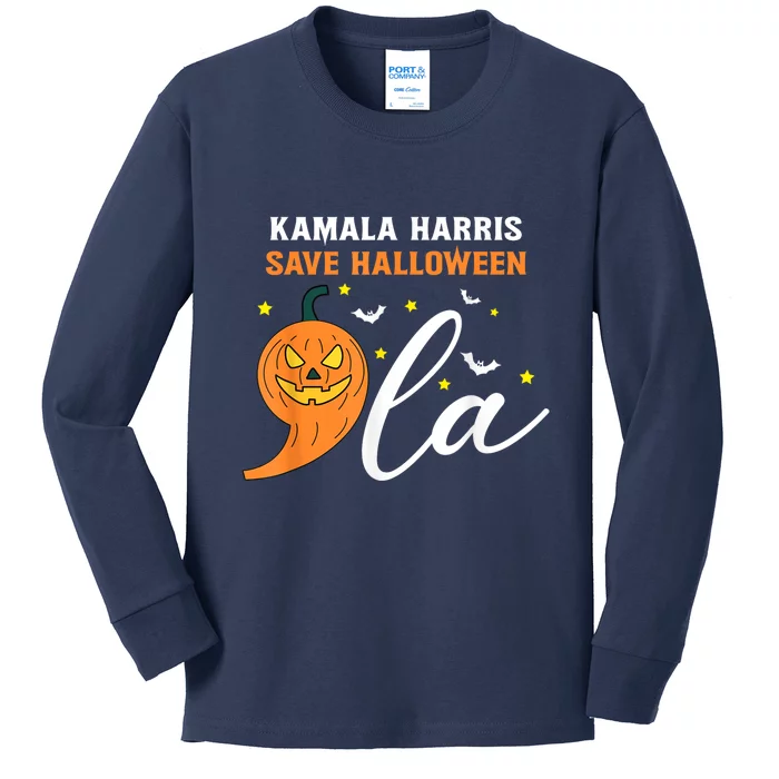 Comma La Pumpkin Kamala Harris Save Halloween 2024 Kids Long Sleeve Shirt