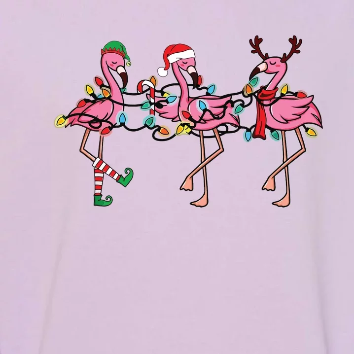 Christmas Lights Pink Flamingo Santa Hat Holiday Xmas Garment-Dyed Sweatshirt