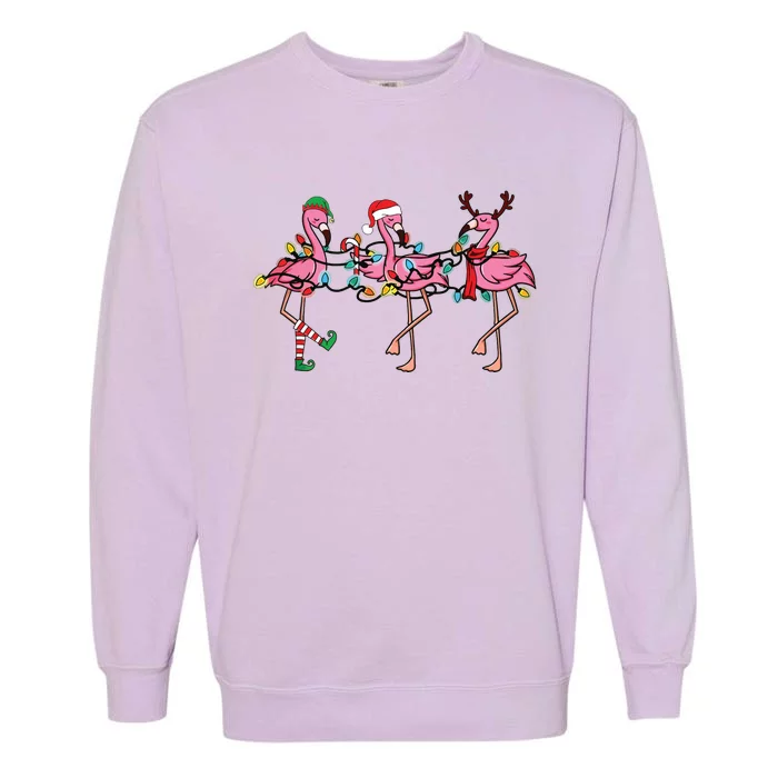 Christmas Lights Pink Flamingo Santa Hat Holiday Xmas Garment-Dyed Sweatshirt