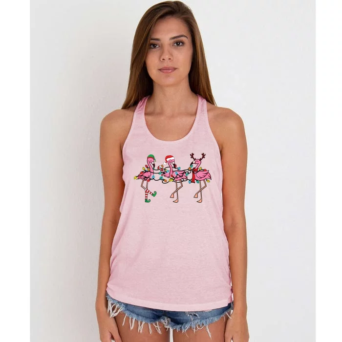 Christmas Lights Pink Flamingo Santa Hat Holiday Xmas Women's Knotted Racerback Tank