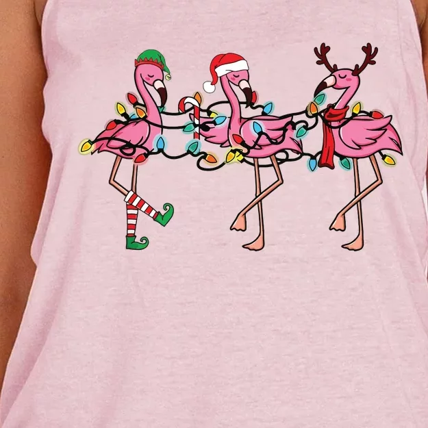 Christmas Lights Pink Flamingo Santa Hat Holiday Xmas Women's Knotted Racerback Tank