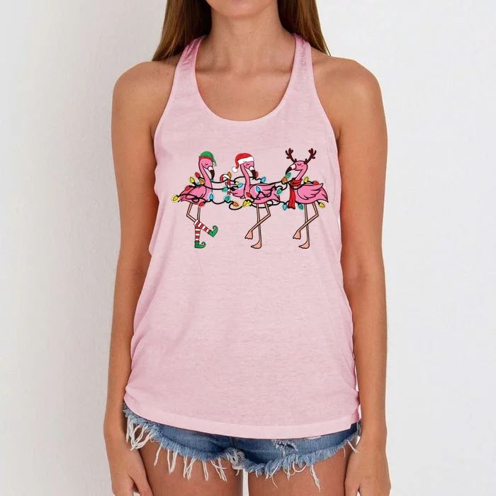 Christmas Lights Pink Flamingo Santa Hat Holiday Xmas Women's Knotted Racerback Tank