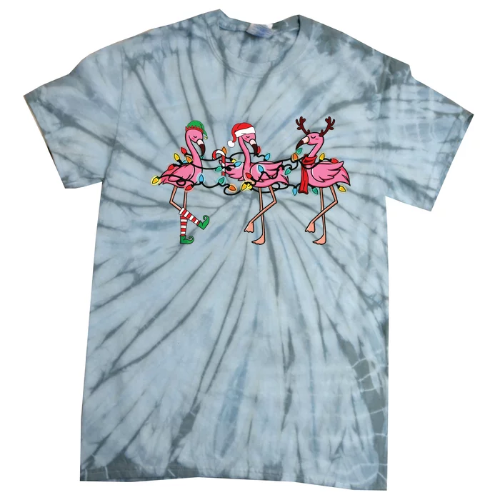 Christmas Lights Pink Flamingo Santa Hat Holiday Xmas Tie-Dye T-Shirt