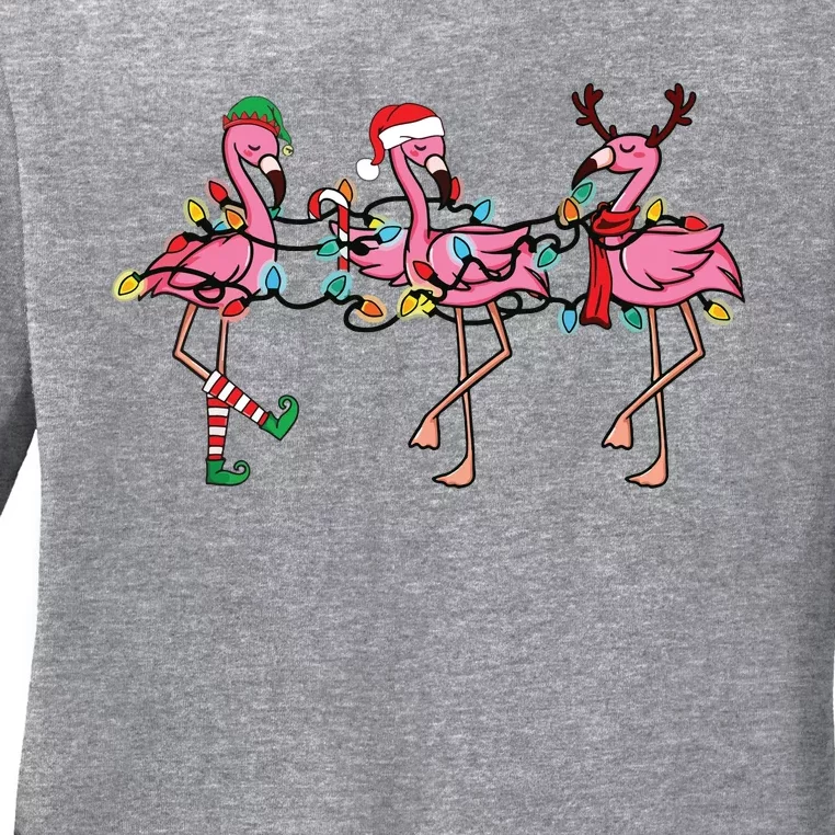 Christmas Lights Pink Flamingo Santa Hat Holiday Xmas Ladies Long Sleeve Shirt