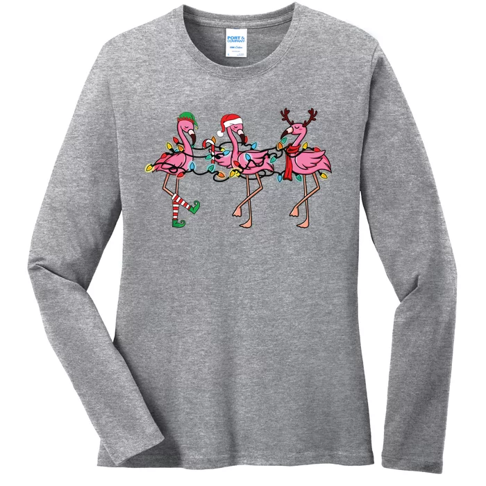 Christmas Lights Pink Flamingo Santa Hat Holiday Xmas Ladies Long Sleeve Shirt