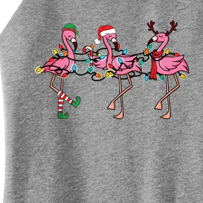 Christmas Lights Pink Flamingo Santa Hat Holiday Xmas Women’s Perfect Tri Rocker Tank