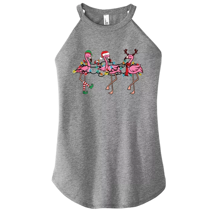 Christmas Lights Pink Flamingo Santa Hat Holiday Xmas Women’s Perfect Tri Rocker Tank