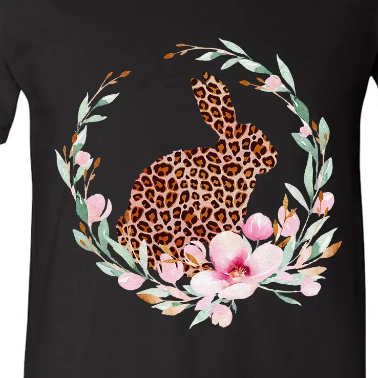 Cute Leopard Pattern Happy Easter Bunny V-Neck T-Shirt