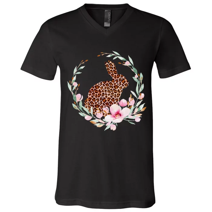 Cute Leopard Pattern Happy Easter Bunny V-Neck T-Shirt