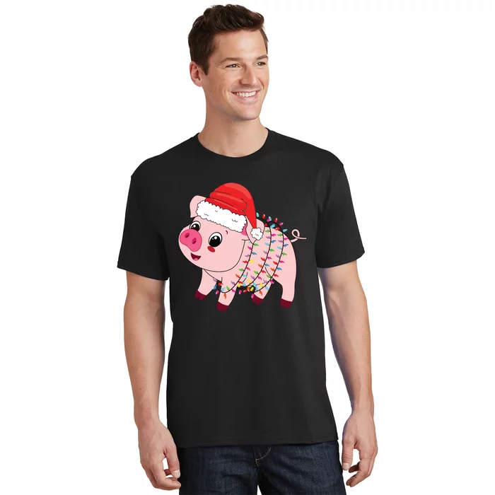 Christmas Lights Pig Wearing Xmas Hat Pig Lover Farmer T-Shirt