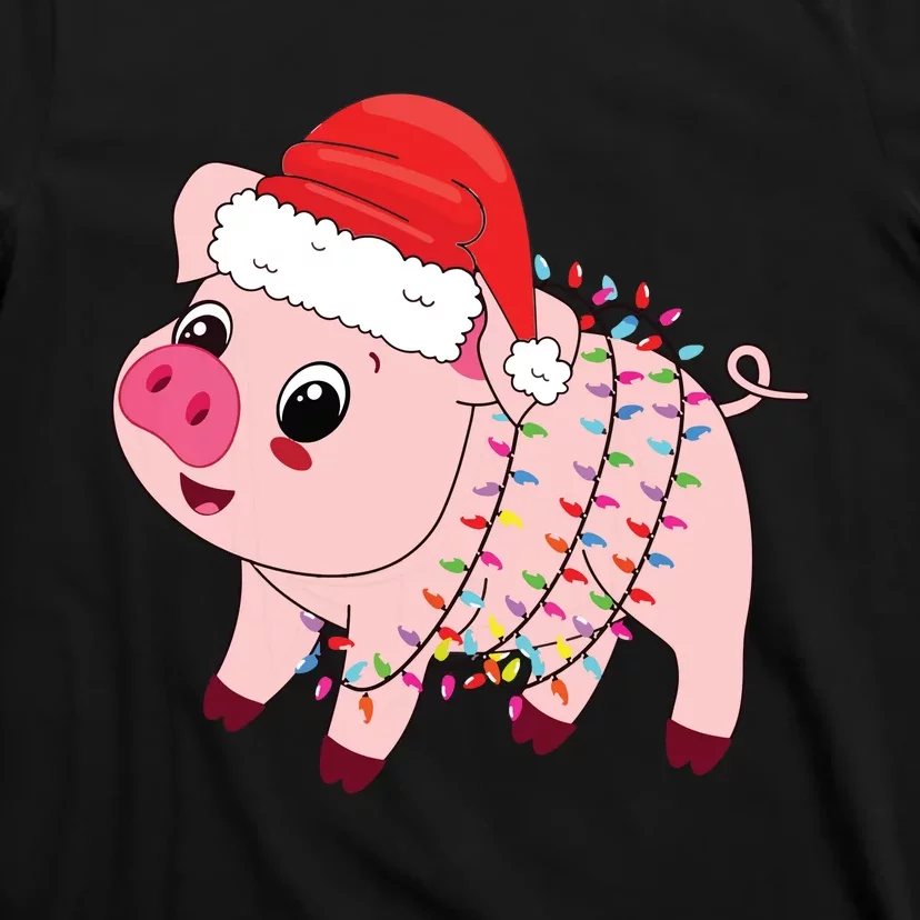 Christmas Lights Pig Wearing Xmas Hat Pig Lover Farmer T-Shirt