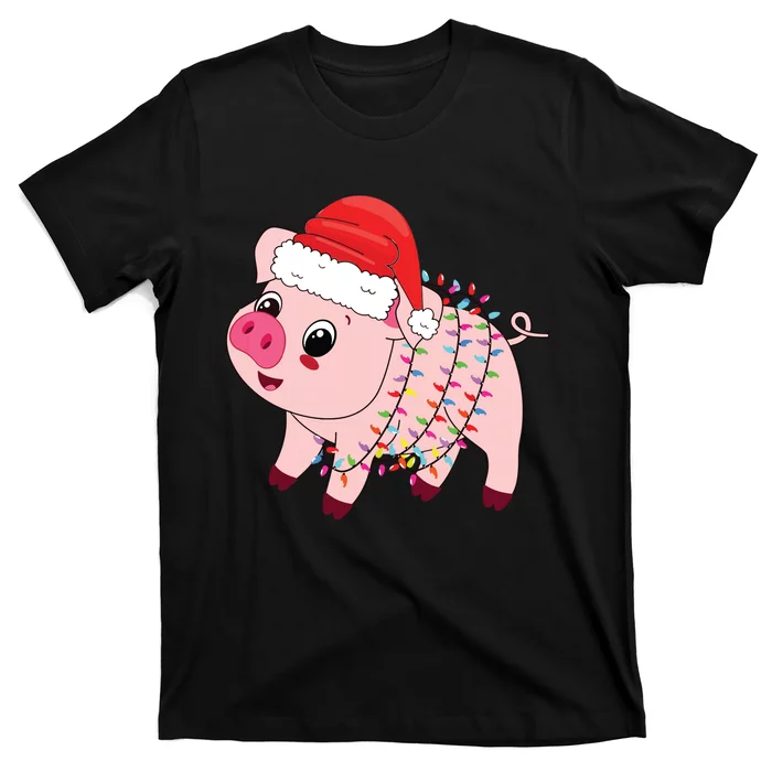 Christmas Lights Pig Wearing Xmas Hat Pig Lover Farmer T-Shirt