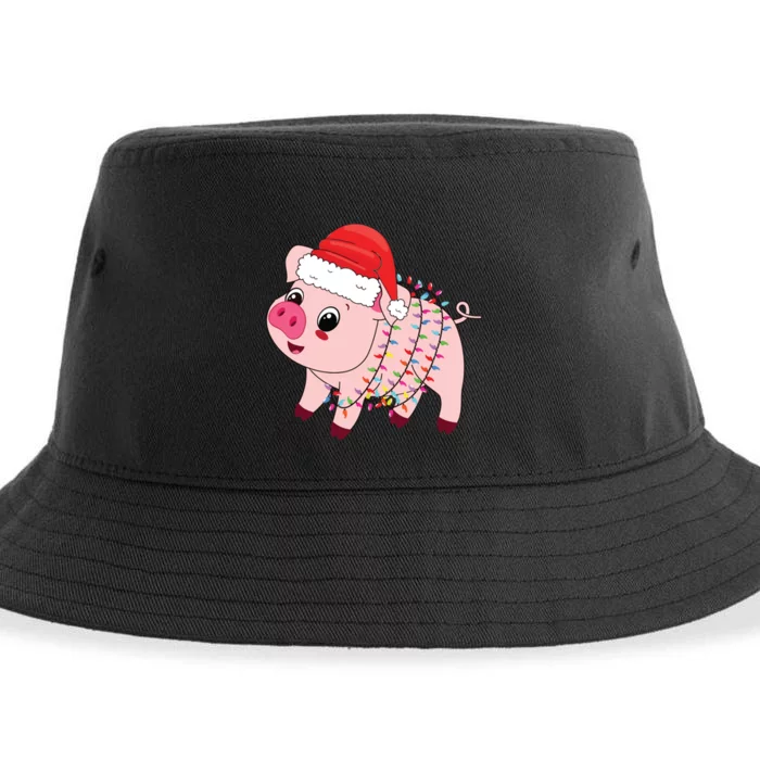 Christmas Lights Pig Wearing Xmas Hat Pig Lover Farmer Sustainable Bucket Hat