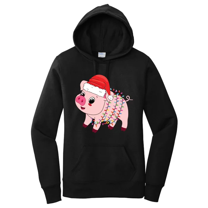 Christmas Lights Pig Wearing Xmas Hat Pig Lover Farmer Women's Pullover Hoodie