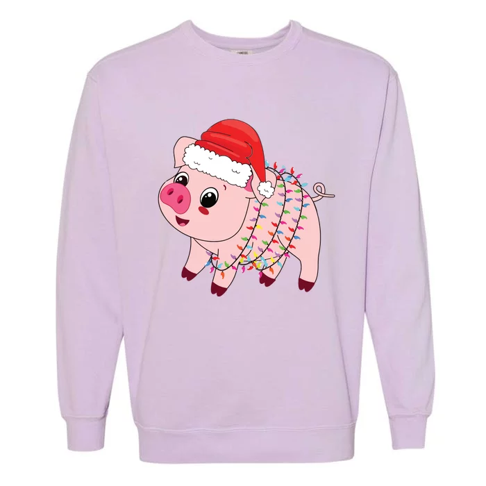 Christmas Lights Pig Wearing Xmas Hat Pig Lover Farmer Garment-Dyed Sweatshirt