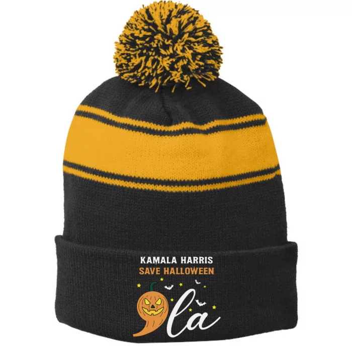 Comma + La Pumpkin Kamala Harris Save Halloween 2024 Stripe Pom Pom Beanie