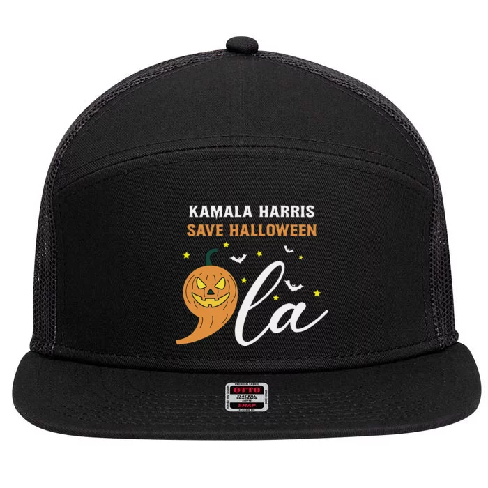 Comma + La Pumpkin Kamala Harris Save Halloween 2024 7 Panel Mesh Trucker Snapback Hat