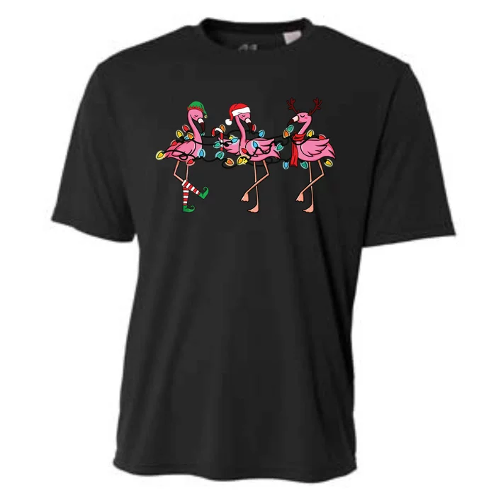 Christmas Lights Pink Flamingo Santa Hat Holiday Xmas Cooling Performance Crew T-Shirt