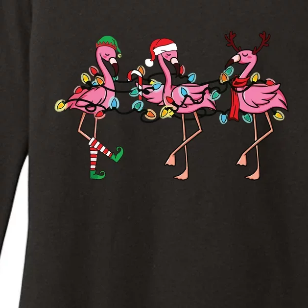 Christmas Lights Pink Flamingo Santa Hat Holiday Xmas Womens CVC Long Sleeve Shirt