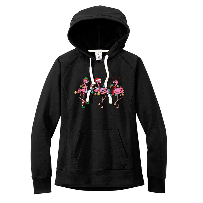 Christmas Lights Pink Flamingo Santa Hat Holiday Xmas Women's Fleece Hoodie