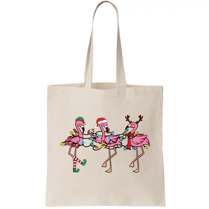 Christmas Lights Pink Flamingo Santa Hat Holiday Xmas Tote Bag