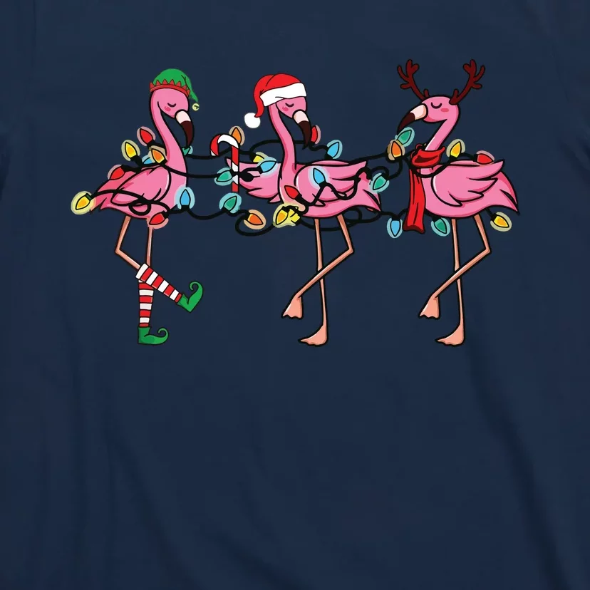 Christmas Lights Pink Flamingo Santa Hat Holiday Xmas T-Shirt