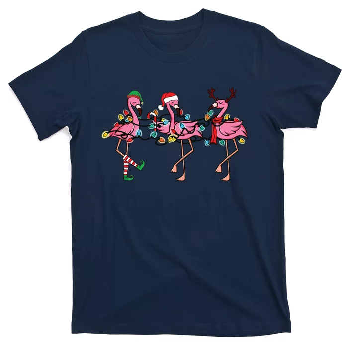 Christmas Lights Pink Flamingo Santa Hat Holiday Xmas T-Shirt