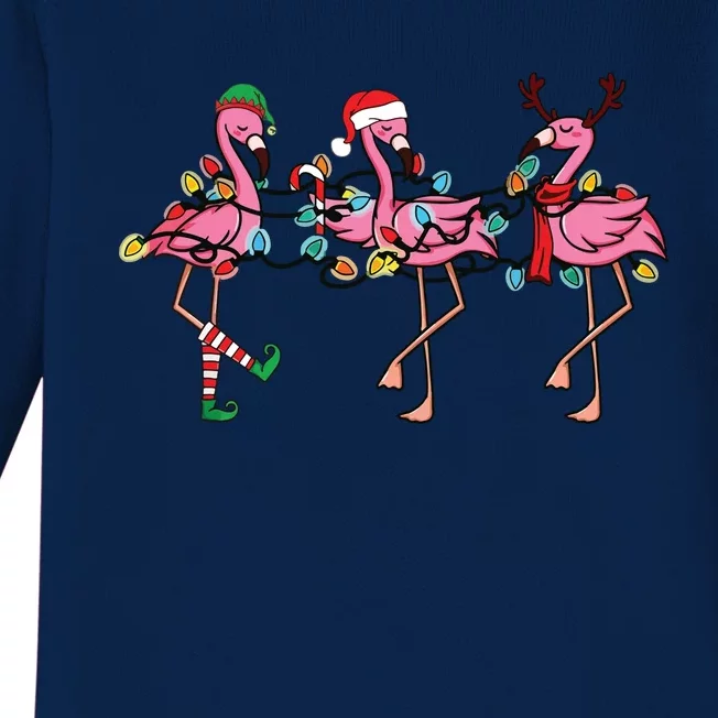 Christmas Lights Pink Flamingo Santa Hat Holiday Xmas Baby Long Sleeve Bodysuit