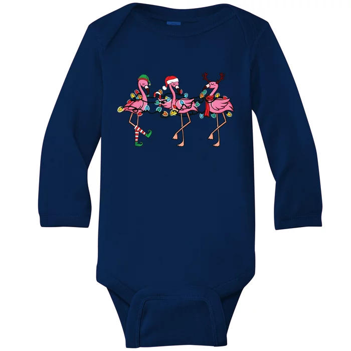 Christmas Lights Pink Flamingo Santa Hat Holiday Xmas Baby Long Sleeve Bodysuit