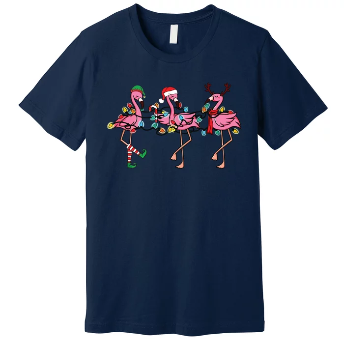 Christmas Lights Pink Flamingo Santa Hat Holiday Xmas Premium T-Shirt