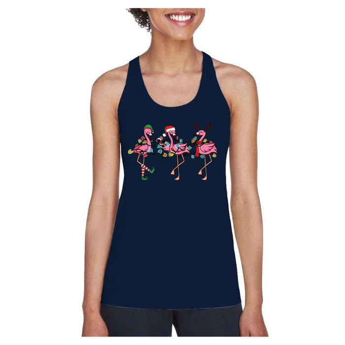 Christmas Lights Pink Flamingo Santa Hat Holiday Xmas Women's Racerback Tank