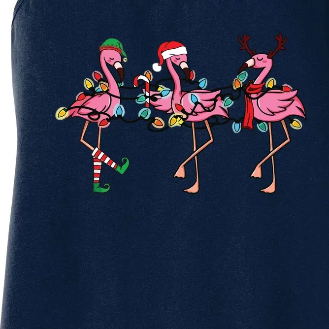 Christmas Lights Pink Flamingo Santa Hat Holiday Xmas Women's Racerback Tank